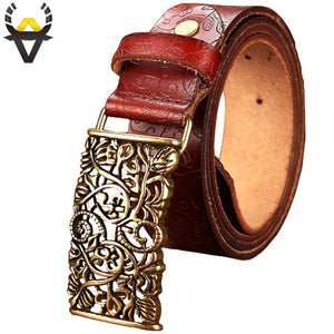 Genuine leather Vintage floral Pin buckle Wide belt