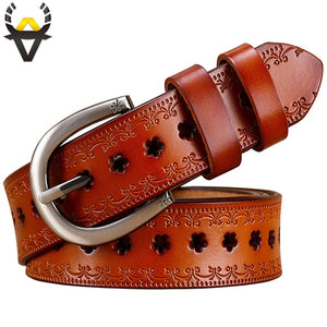 Hollow Genuine leather belts women Vintage Pin buckle floral belt