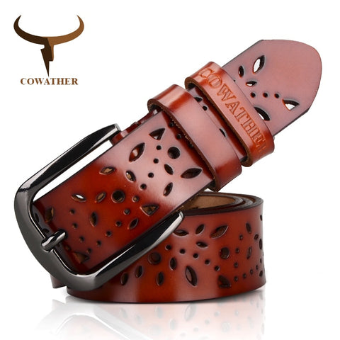 New 2019 genuine leather jeans belts for Women Hollow pressed flower luxury strap