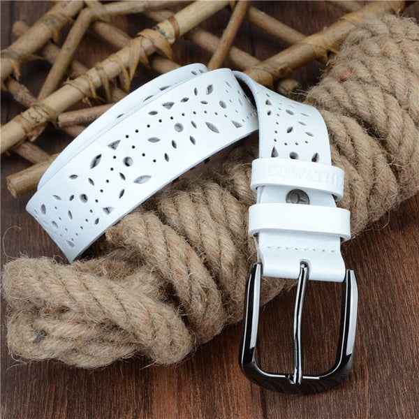 New 2019 genuine leather jeans belts for Women Hollow pressed flower luxury strap