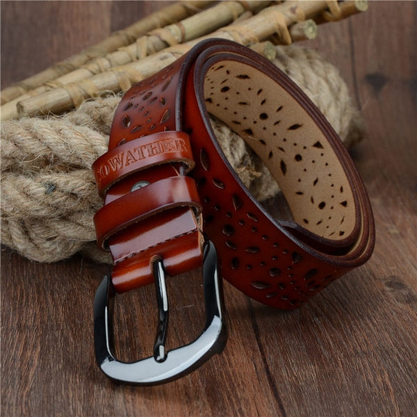 New 2019 genuine leather jeans belts for Women Hollow pressed flower luxury strap