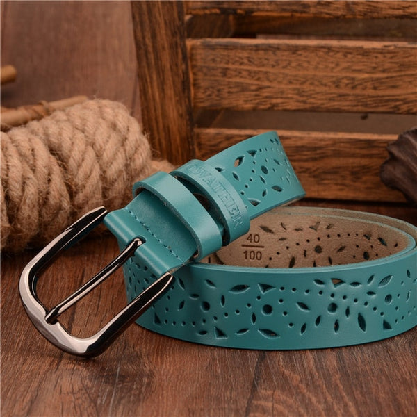 New 2019 genuine leather jeans belts for Women Hollow pressed flower luxury strap